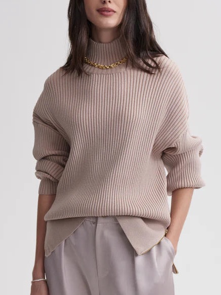 Varley Mayfair Mock Neck Ribbed Knit Sweater Cement Size L